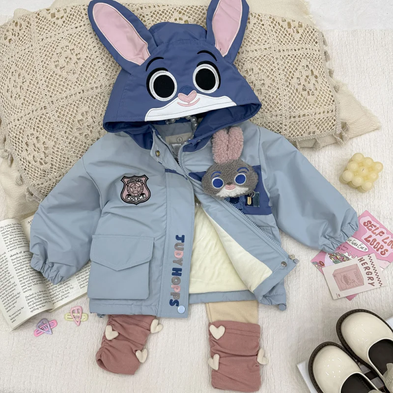 Girls' Coat2024Autumn and Winter New Western Style Baby Girl Coat Rabbit Officer Fleece-lined Shell Jacket Love Warm-Keep