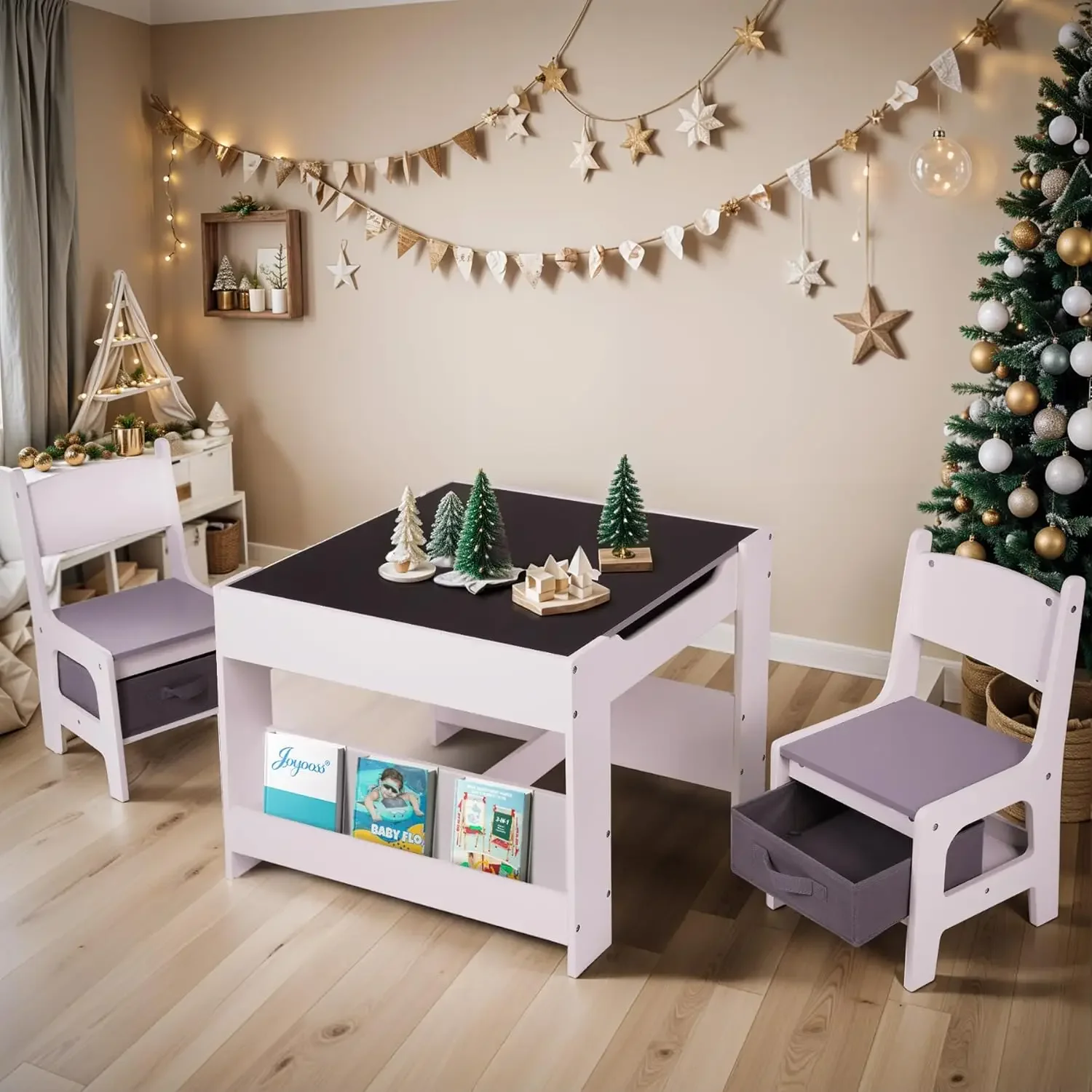 Kids Table and Chair Set, 4 in 1 Wooden Kids Table and Chairs Ages 3-7, Kid Table and Chairs Toddler Desk Kids