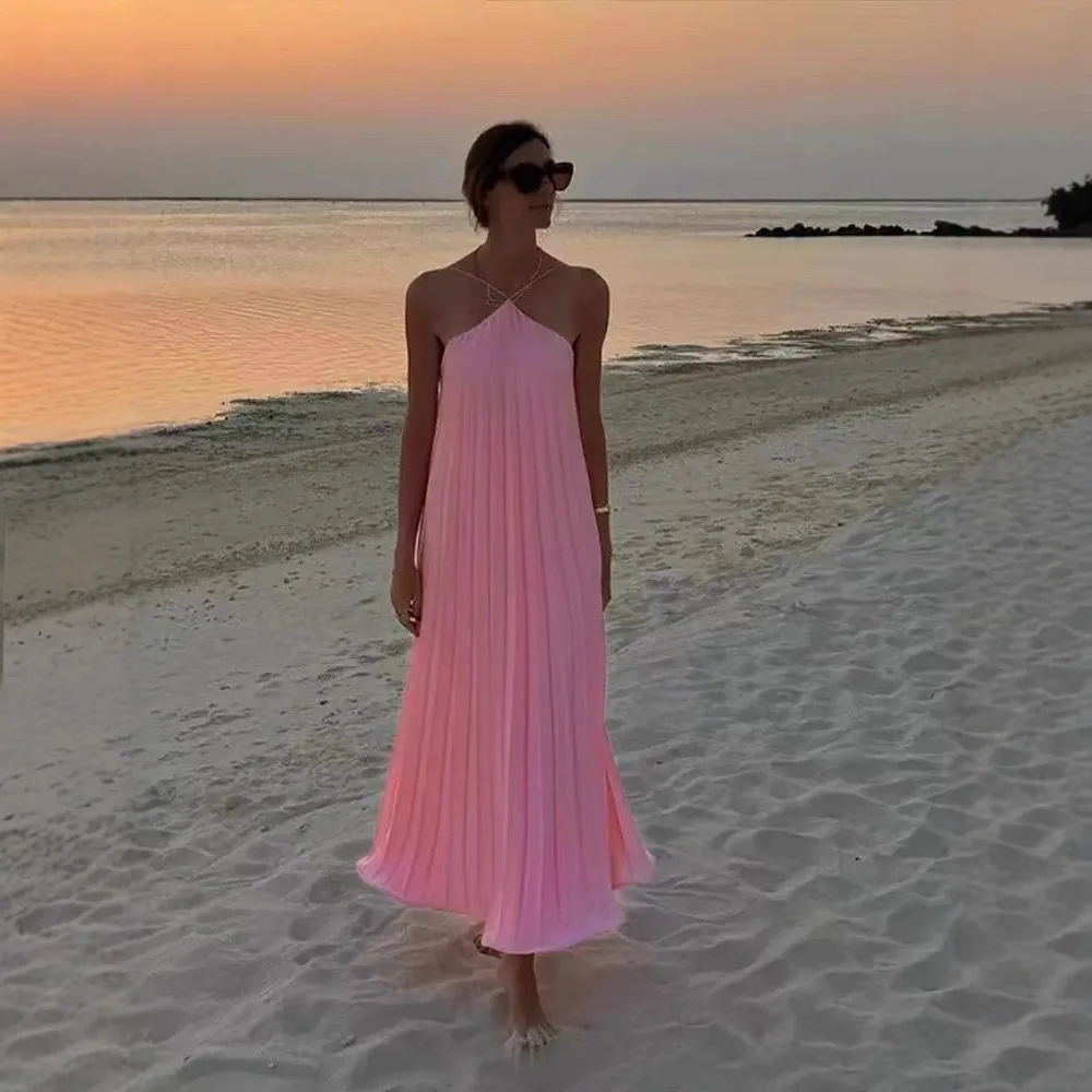 

Elegant Party Dresses 2026 Women Fashion Sexy Halter Hollow Out Loose Pleated Solid Long Dress Lady Off Shoulder Holiday Dress