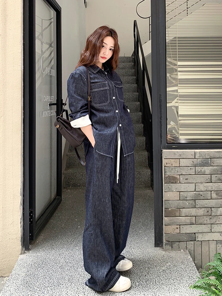 

Fashionable Denim Shirt And Wide Leg Pants Set Women's Early Autumn 2025 New Casual Two Piece Set High Waist Long Pants
