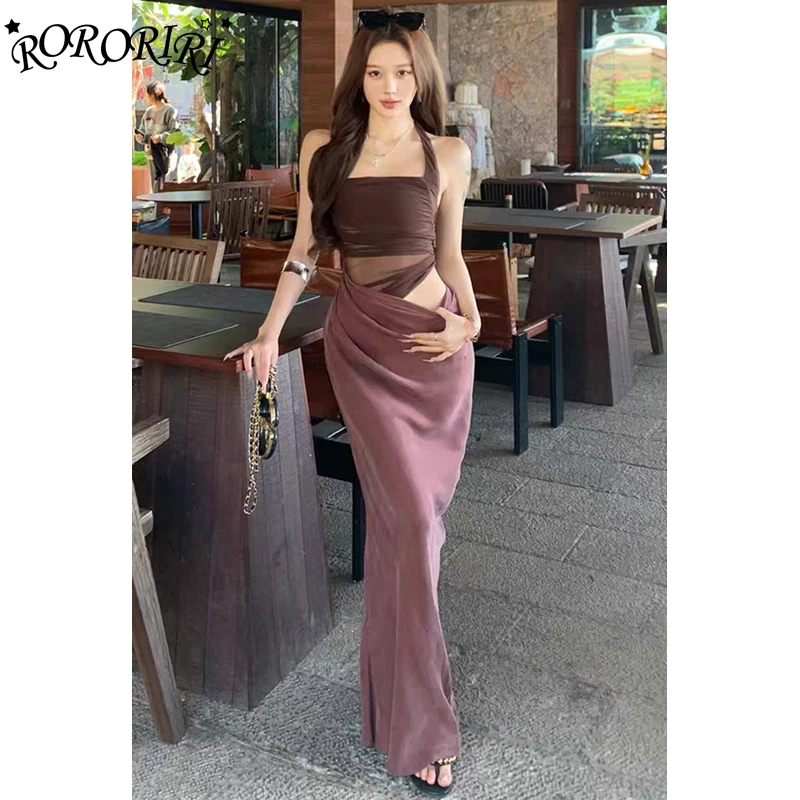 

RORORIRI Sexy Mesh Stitch Cut-out Halter Long Dress Women Off-shoulder Backless Pleated Slim Bodycon Dress Retro Holiday Clothes