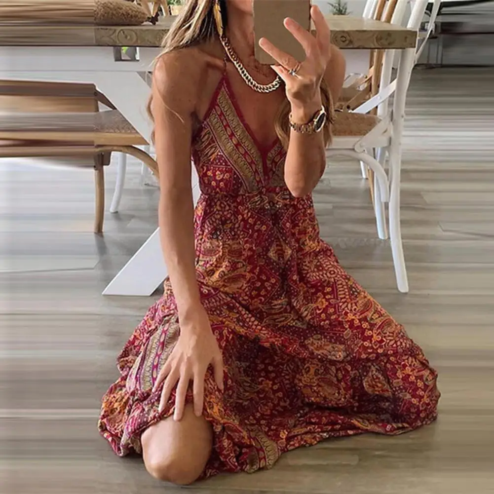 Vestido Boho com Estampa Floral e Decote em V, Vestido Maxi de Verão com Estilo Doce, Cintura Elástica e Sem Mangas
