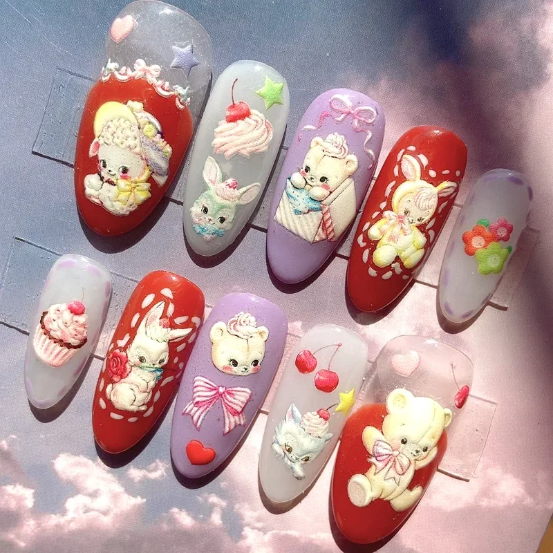 Handmade Kawaii 3D Cartoon Short False Nails Tips Y2K Press On Nails Art Long Coffin Stiletto Reusable Fake Nail With Glue Gift