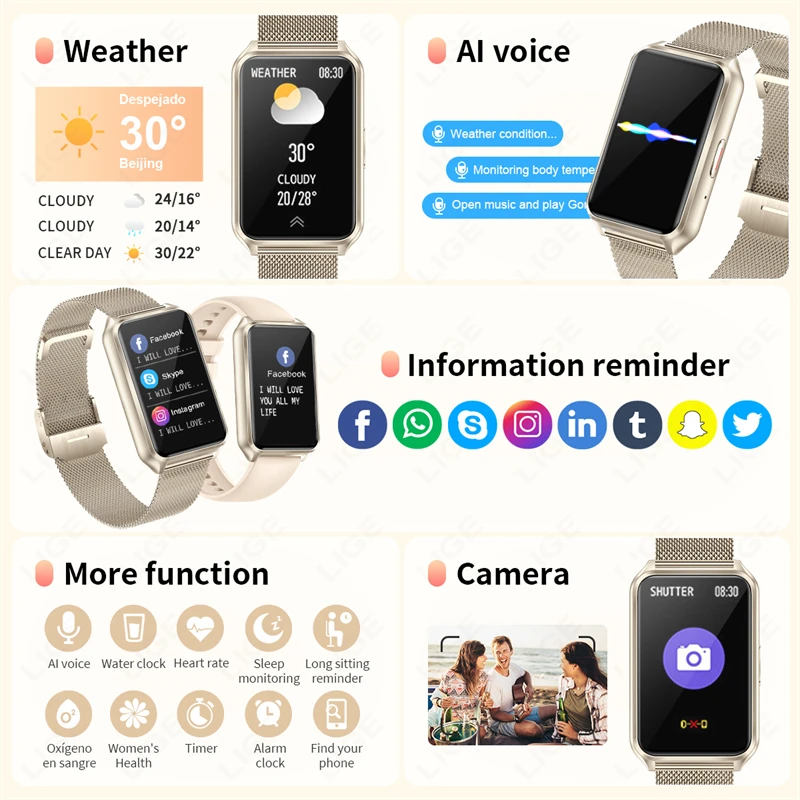 LIGE แฟชั่นผู้หญิงสมาร์ทนาฬิกาผู้ชายนาฬิกากีฬาฟิตเนส Heart Rate Health Monitor Custom Dial Voice Assistant เพลง Smartwatch