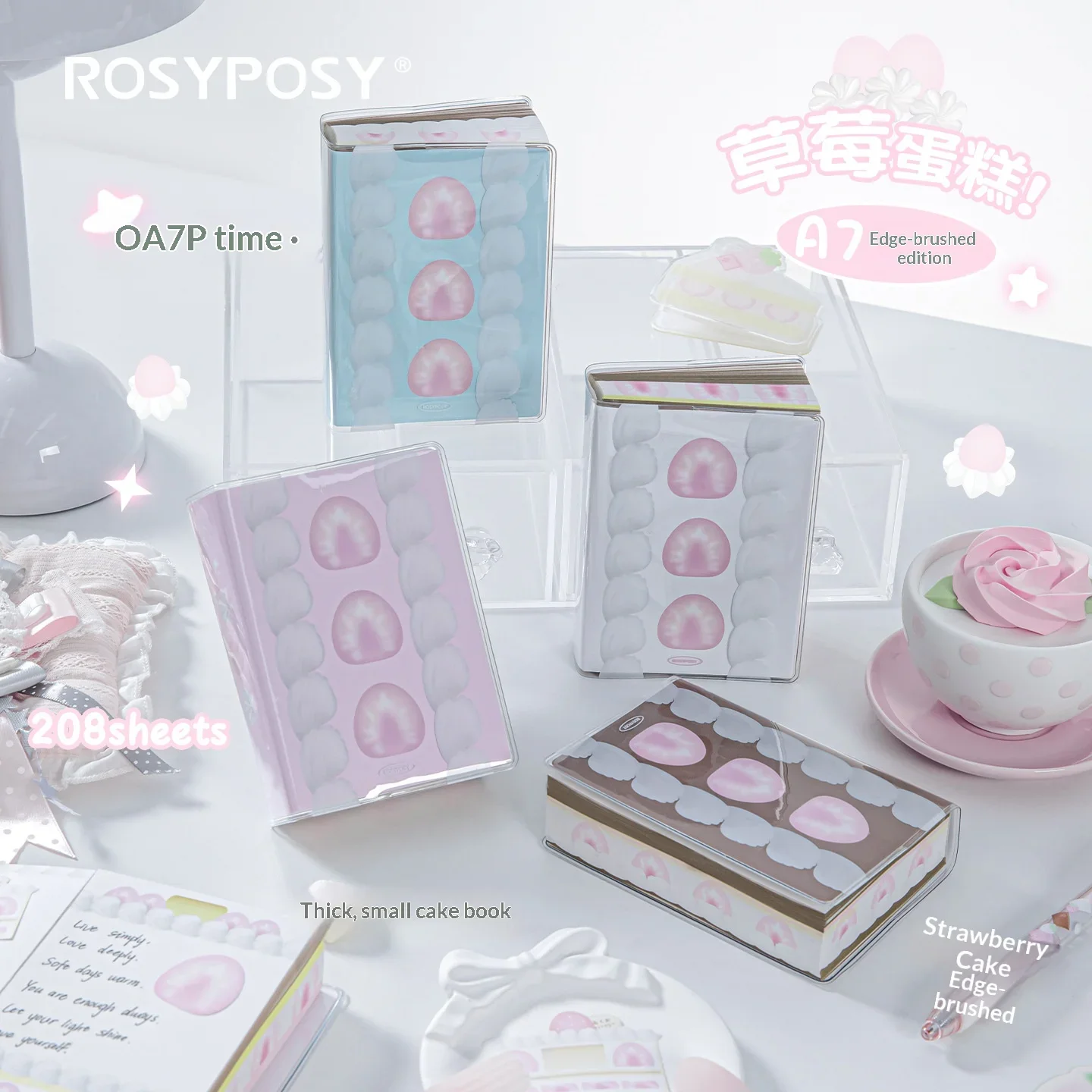 ROSYPOSY Strawberry Cake A7 Notebook,Special Colored Gilded Edge Design 208 Sheets High-quality Paper Portable Agenda Planner