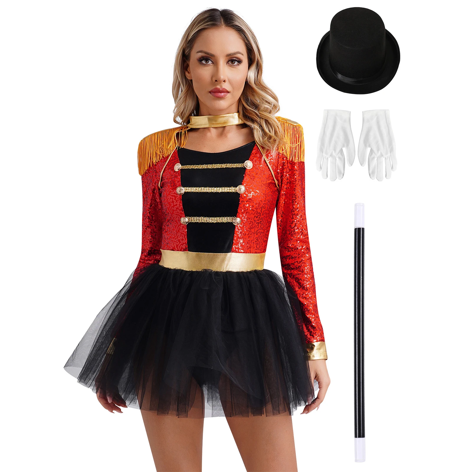 

Women Circus Costume Outfit Long Sleeve Sequins Ringmaster Tulle Dress with Hat Gloves Magic Wand Set Magician Fancy Dress Up