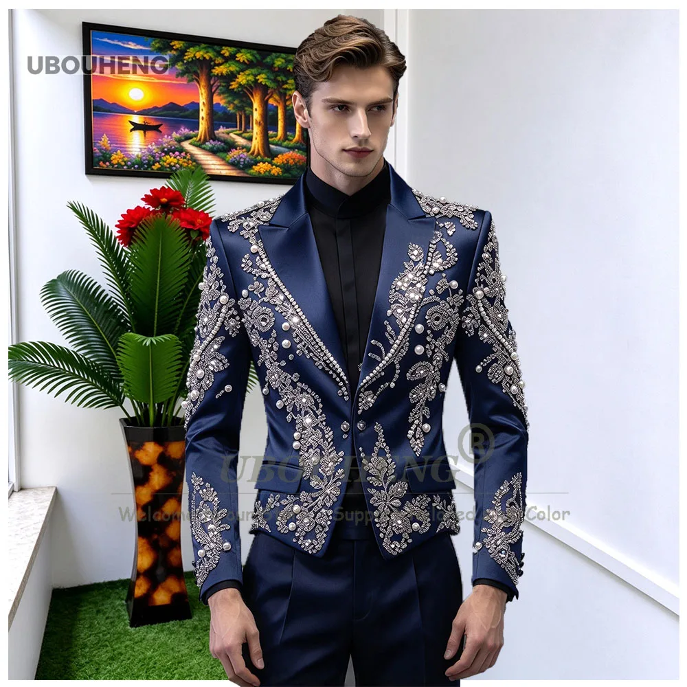 Luxury Beaded Stones Suits Men For Wedding Sparkly Satin Jacket Pants 2 Pieces Groom Tuxedo Customized Male Fashion Stage Outfit
