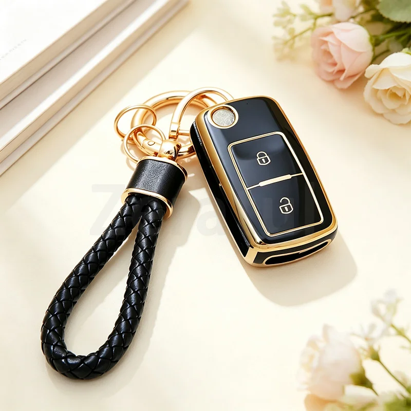 2 Buttons Gold Edge TPU Auto Keyless Shell Fob Car Key Cover for Volkswagen Polo Passat B5 Golf 4 5 6 MK5 MK6 Eos Bora Beetle