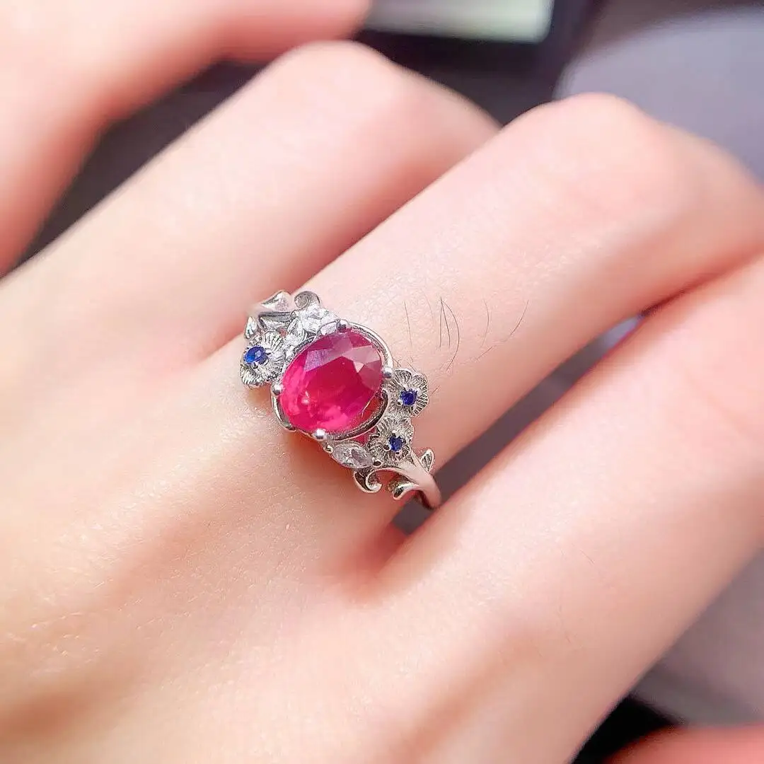 KJJEAXCMY New style Jewelry Natural Women's Ruby Ring 925 silver inlay Colorful and splendid Crystal pure fire flash explosion