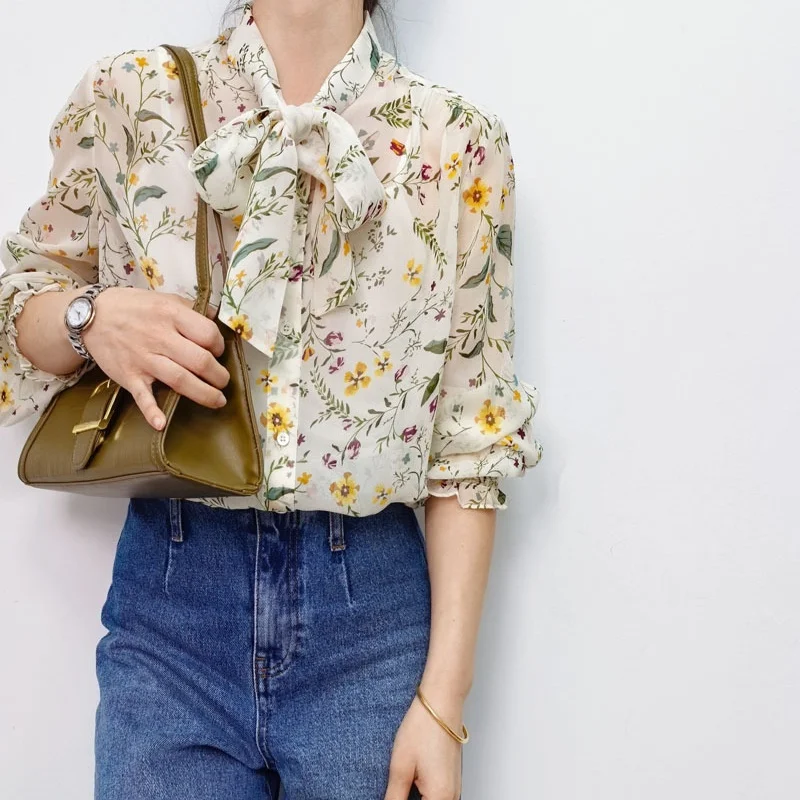 Birdtree, 100% Real Silk Printed Blouse, Full Sleeve Sheer Ribbon Tops, Women Loose French Style Shirt, 2026 Summer New T64402JF