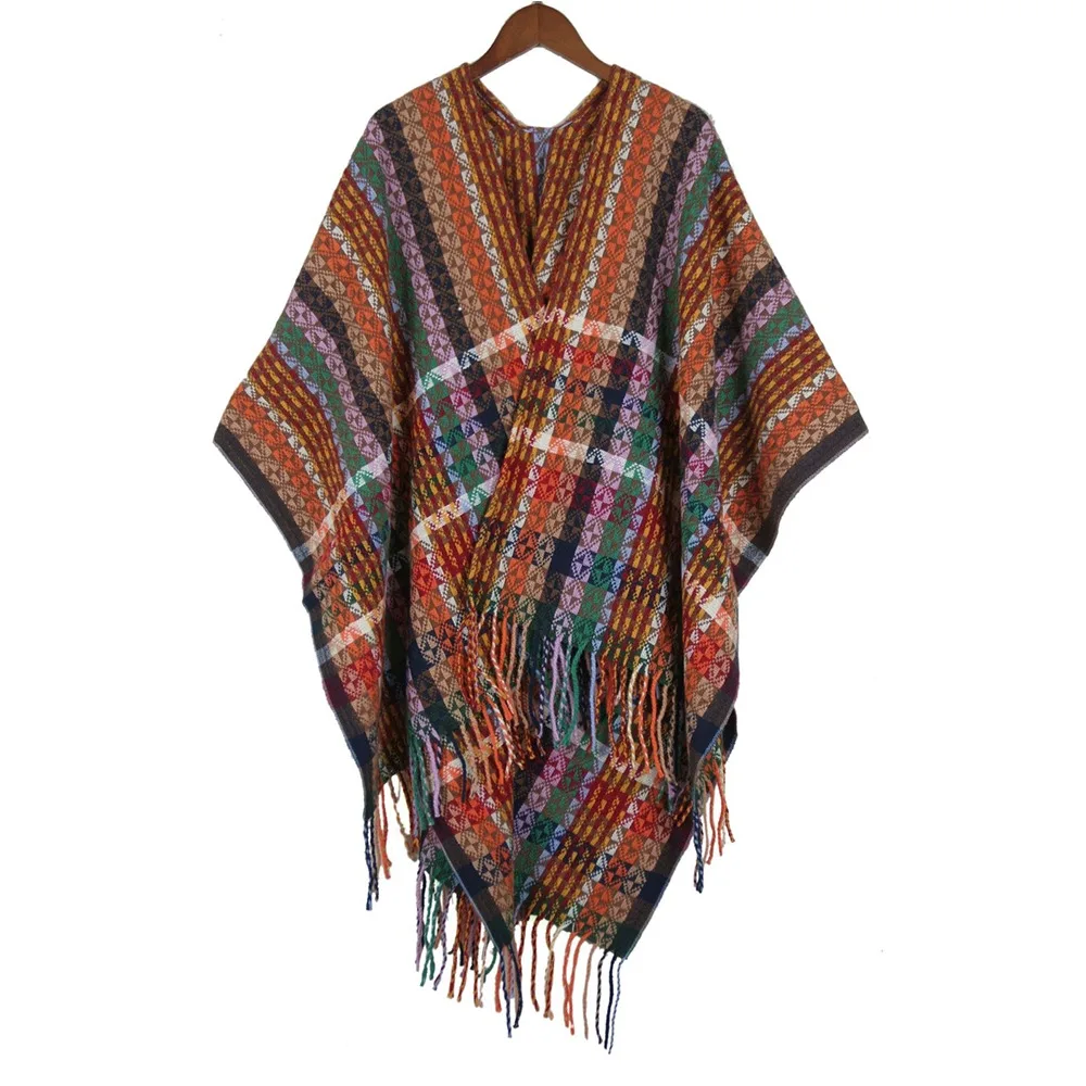 Elegant Bohemian Mongolian Poncho Gradient Color Ethnic Style Stripe Tassel Shawl Keep Warm Winter Knitted Cape for Women
