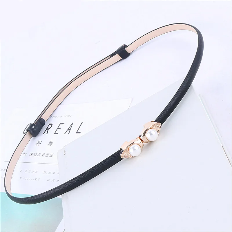 

Female Patent Fashion Adjustable Women Genuine Small Leather Pearl Cowhide Thin Corset Belt Ladeis Designer Waistband Straps