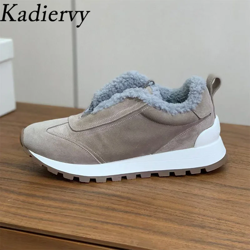 Casual Sneakers For Women Lace Up String Bead Wool Warm Winter Shoes Ladies Cow Suede Running Shoes Flat Sports Shoes Woman