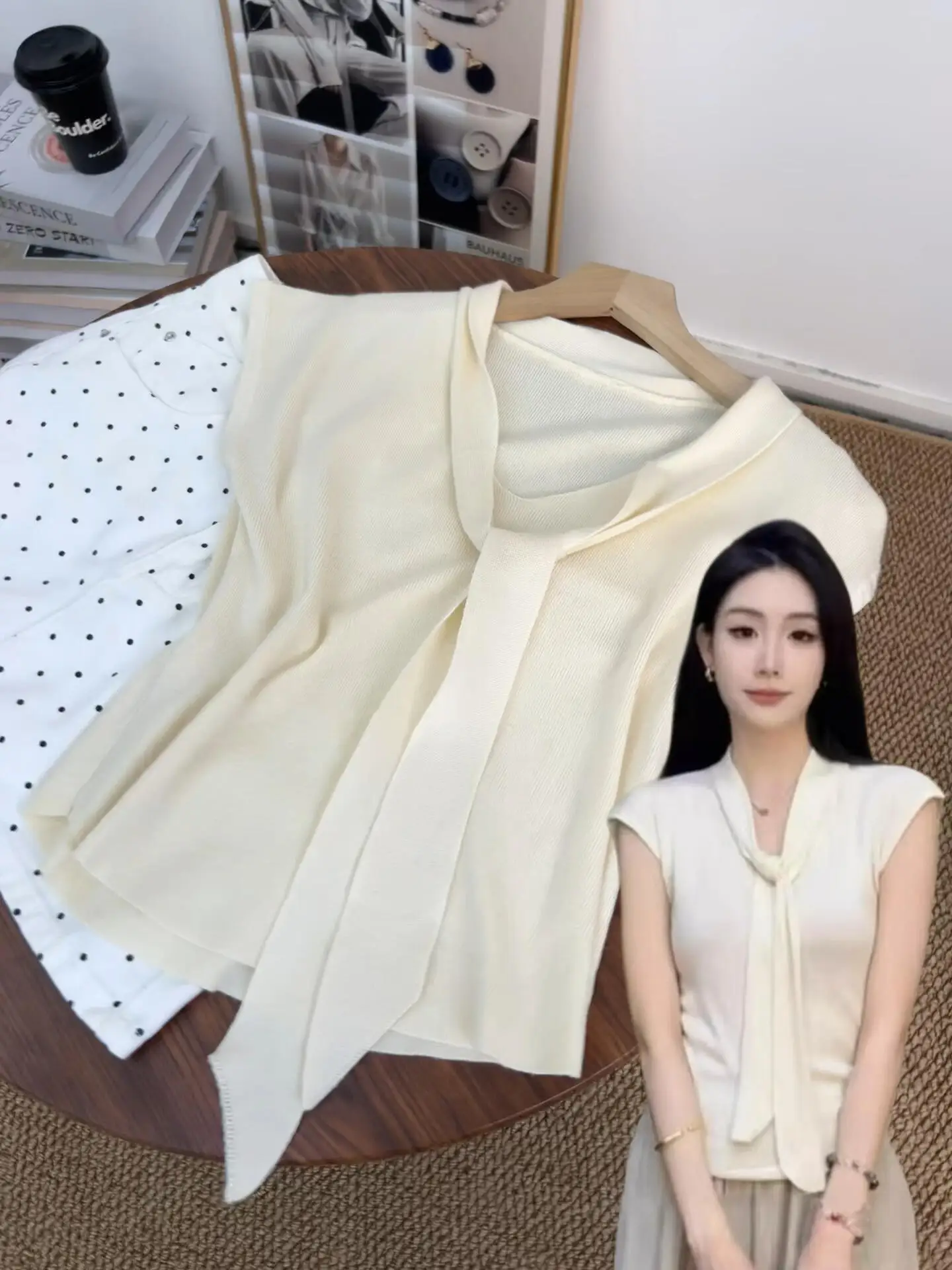 Korean Style Soft V-Neck Ice Silk Knitted Short Sleeve Women's T-Shirt Shoulder Pad Applicable for Commuting Summer Thin Model