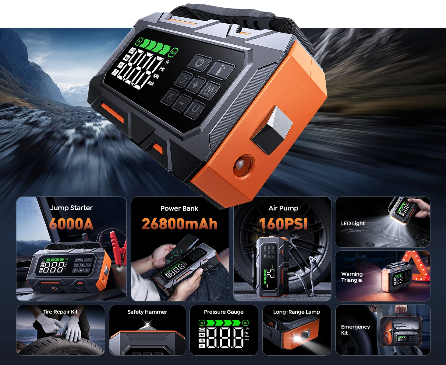 BUTURE 6-in-1 Auto-Starthilfe Reparaturwerkzeuge Luftkompressor 160PSI 26800mAh Startgerät Tragbares Auto-Pannenhilfe-Set – Detail 1