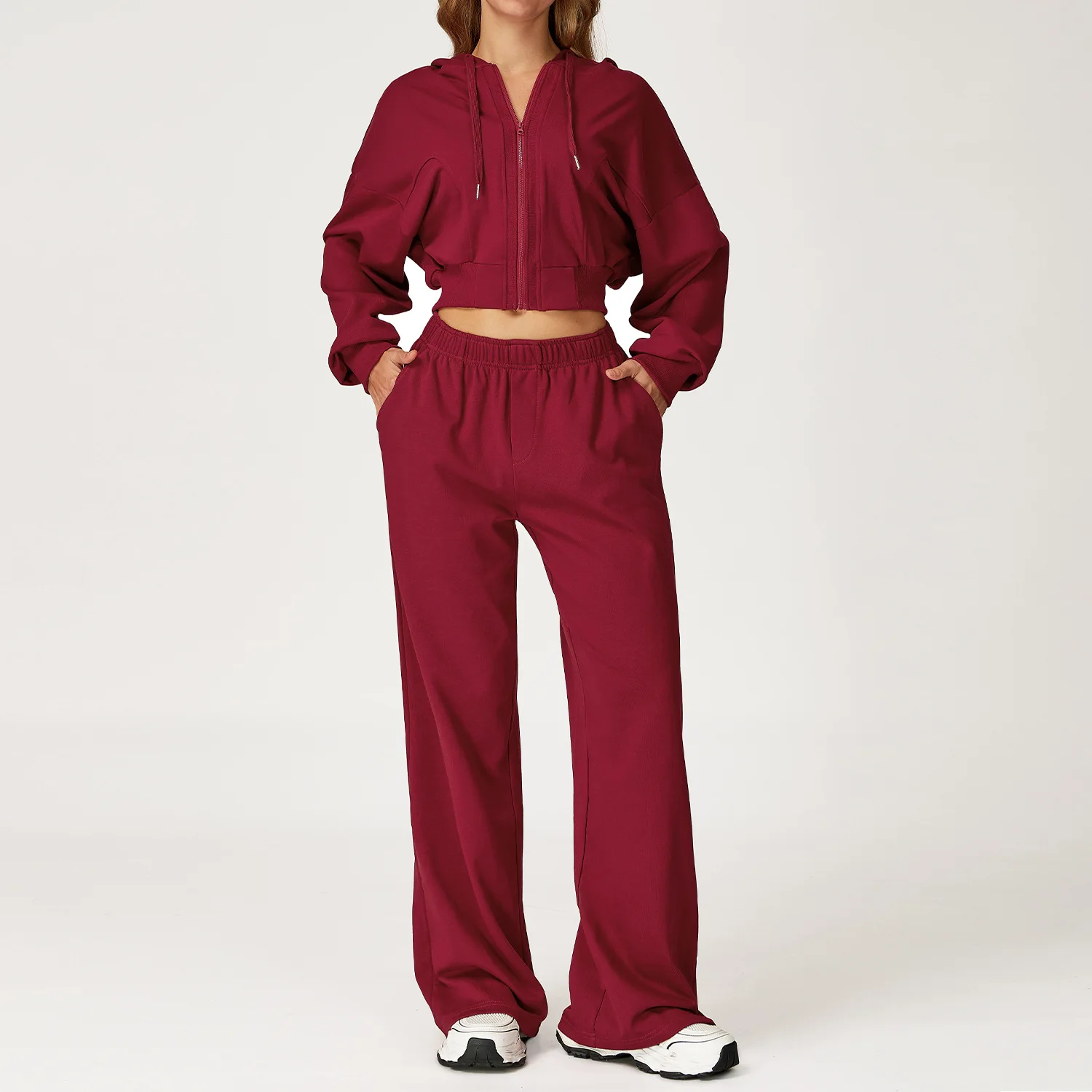 

Autumn Winter Sports Sweat Suit Long Sleeve Zipper Hooded Jacket Wide Leg Pants Sportswear Casual Loose Fitness Running Suit