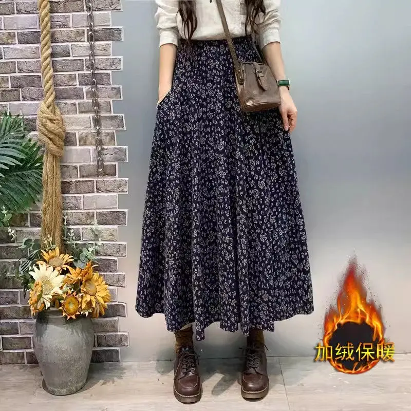 Autumn And Winter Fleece Women's Long Skirt Cotton Linen Floral Art Retro Versatile Style Thickened Skirt Mujer Faldas z5012