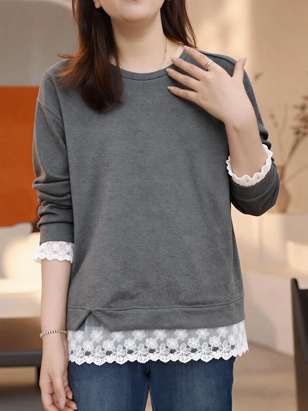 

Женская свободная толстовка Ele с кружевными вставками и флисовой подкладкой, базовый слой для весеннего сезона, большие размеры, удобный топ