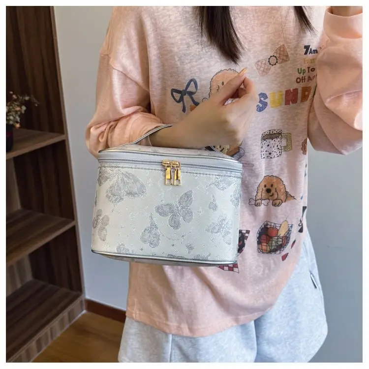 الرجعية التطريز حقيبة مستحضرات تجميل المرأة أنيقة سعة كبيرة متعددة الوظائف حقيبة يد السيدات المحمولة أدوات الزينة المنظم Maquillaje #5