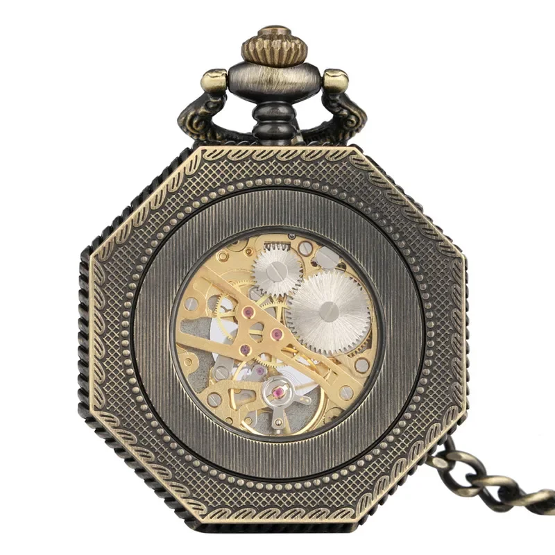 Bronze Hollow Octagon Design Men Women Skeleton Handwinding Mechanical Pocket Watch Roman Number Clock Pendant Chain Gift
