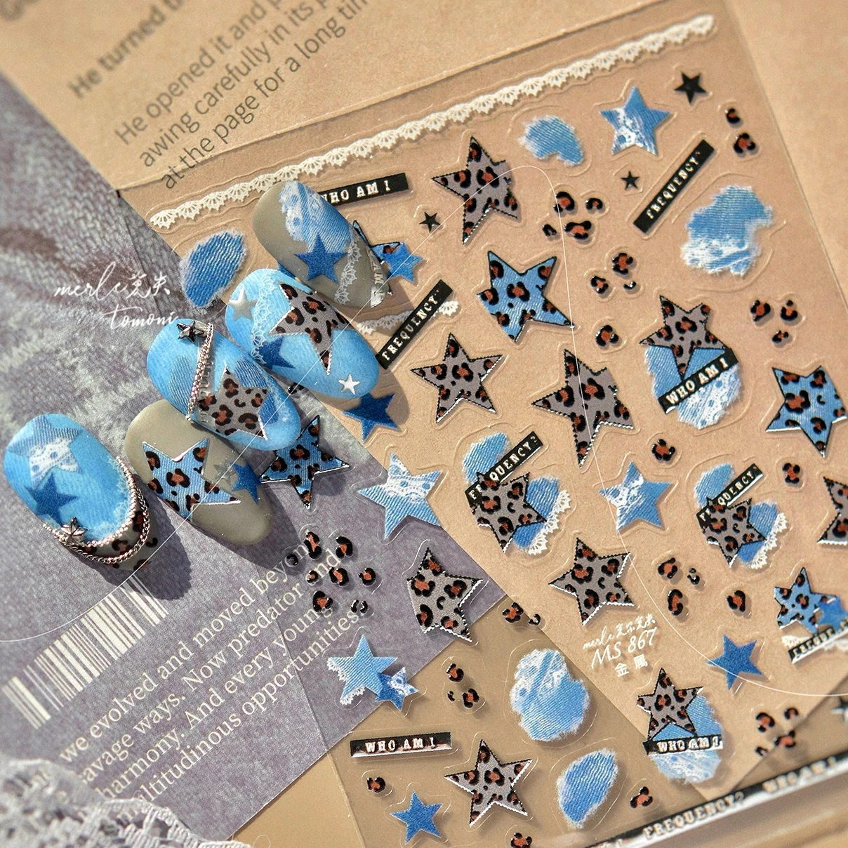 Estampado de leopardo tela vaquera azul pentagrama estrella lunares Bowknot amor corazón Y2K Punk encanto DIY pegatinas para decoración de uñas calcomanías de manicura