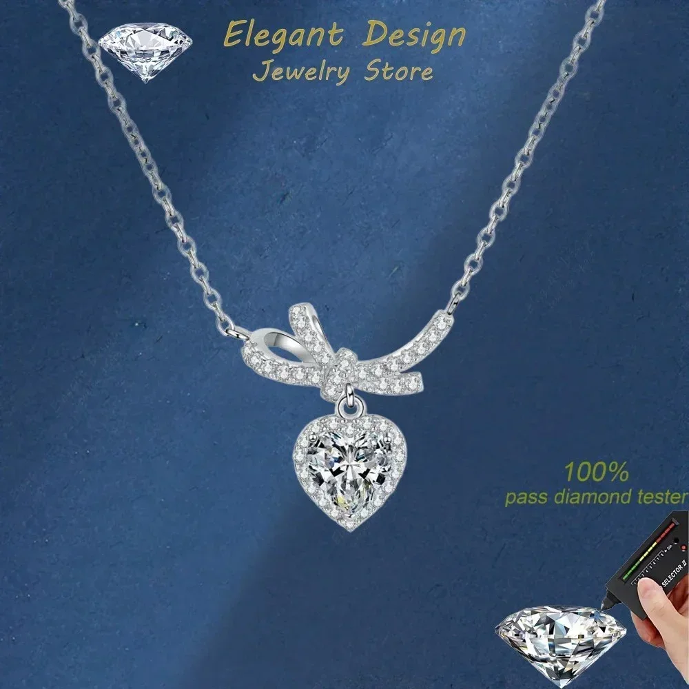Elegant Design Heart Necklace 1ct Moissanite Female Bowknot Pendant, Luxury Women's Platinum Pt950 Senior Designer Fine Jewelry