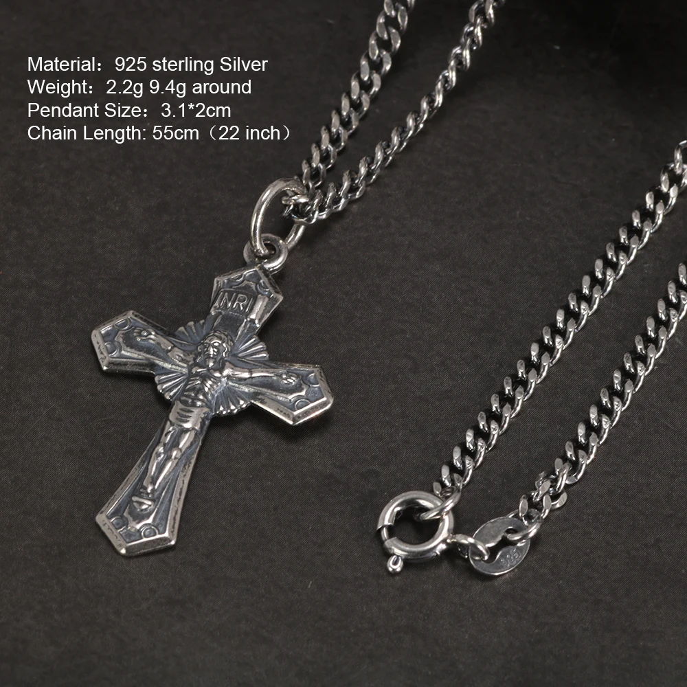 Genuine Sterling Silver 925 Christian Cross Necklace Men and Women Vintage Antique Prayer Religious Pendant Jewelry