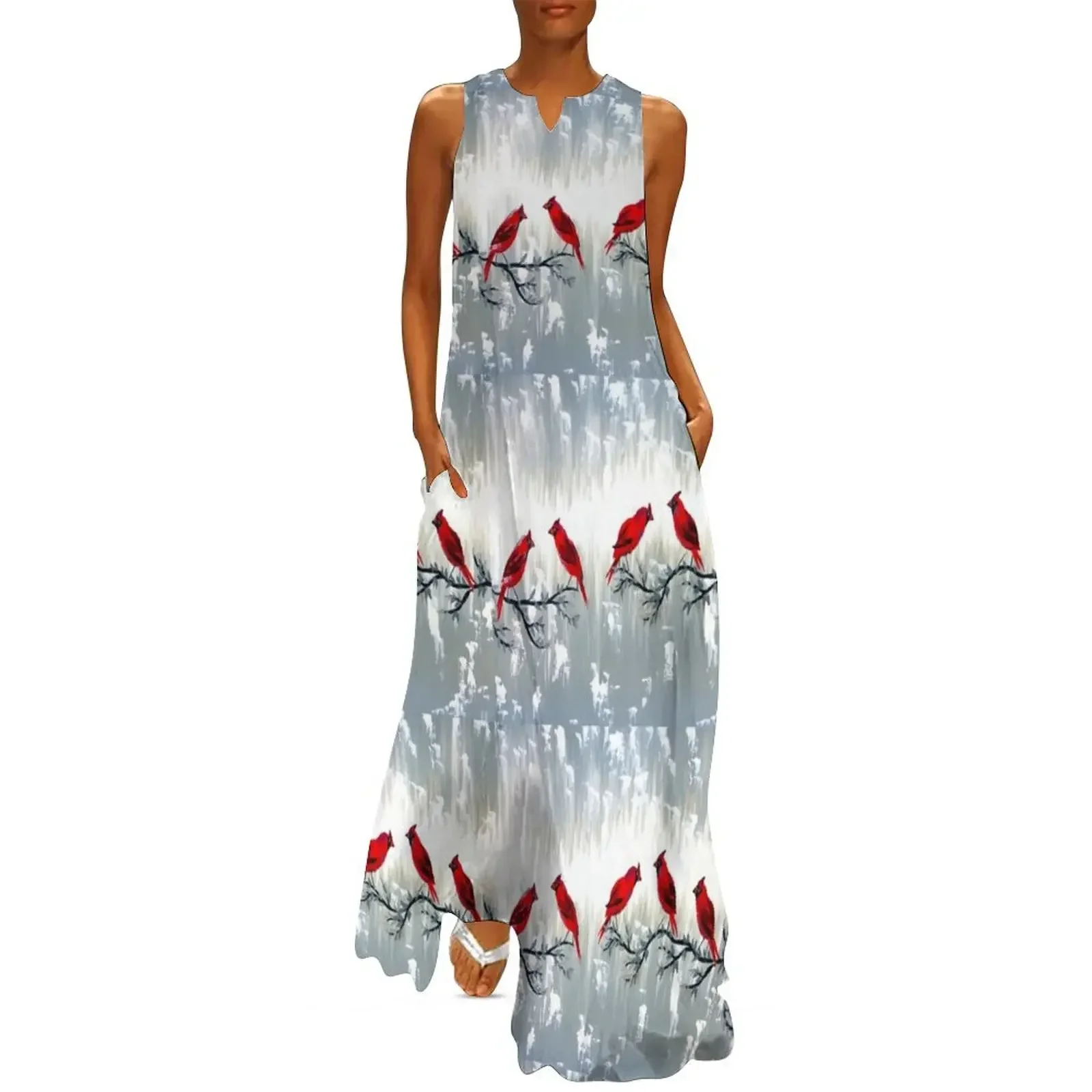 

Grey art with red cardinals Long Dress dress korean style bandage dress summer woman 2025 beach