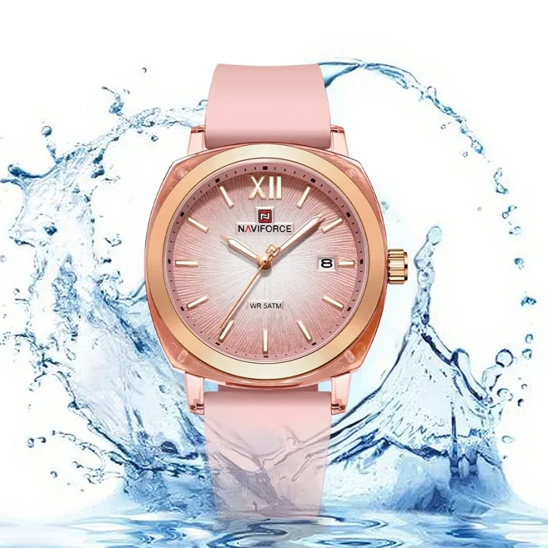 

NAVIFORCE Woman Luminous Pointer 5ATM Waterproof Quartz Watch Fashion Simple Watch Calendar Silicone Strap Ladies' Watch NF6111
