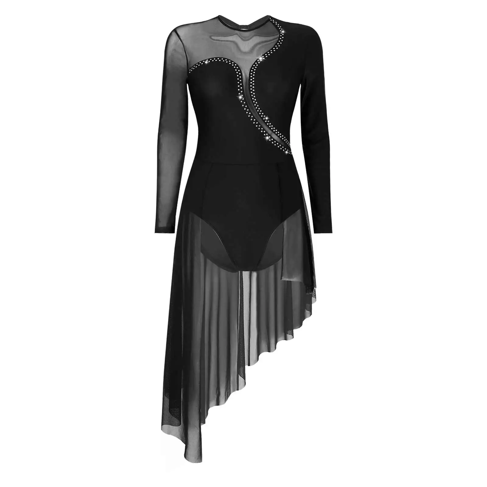 Robe de danse lyrique pour femme, maille transparente brillante, manches longues, patinage sur glace, costume de ballet, justaucorps de compétition