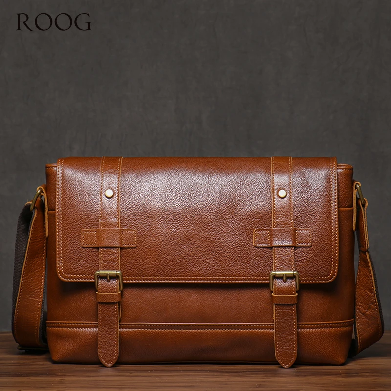 ROOG-Bolso de mensajero de lujo para hombre, maletín de cuero genuino de alta calidad, bandolera Vintage para Ipad de 12,9 pulgadas