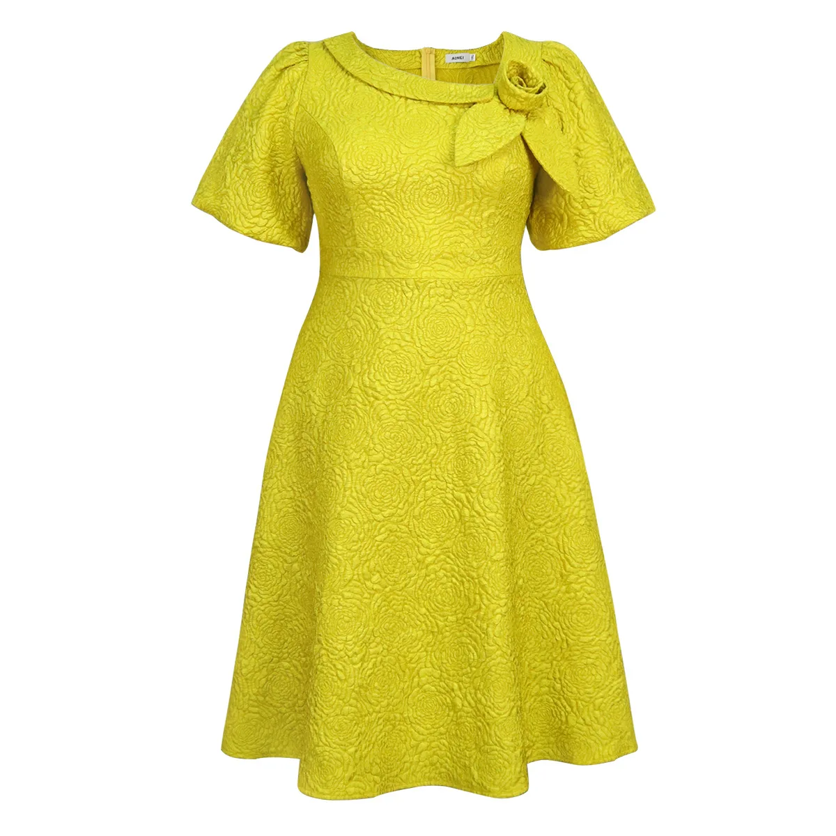Übergröße Jacquard Midi-Kleid Damen Puffärmel 3D Blumenmuster Schleifenkragen A-Linien-Kleid Afrikanisches Elegantes Hochzeits- und Partykleid – Detail 18