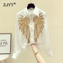 ZJYT Luxury Beading White Black Satin Shirts and Blouses for Women Loose Blusa Mujer Korean Style Casual Office Camisas Tops