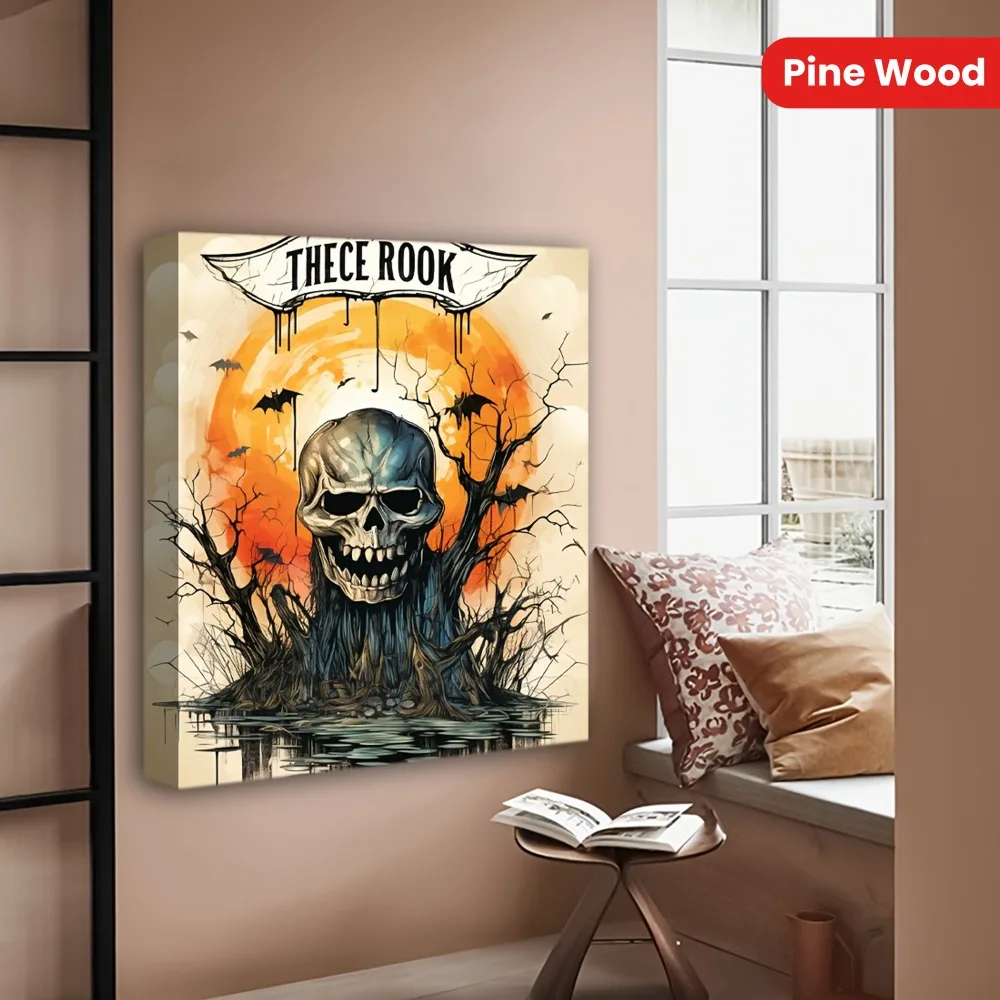 

1.5 inch solid wood frame, Halloween Skull tree and bat art deco, wall decoration with hanging pictures.