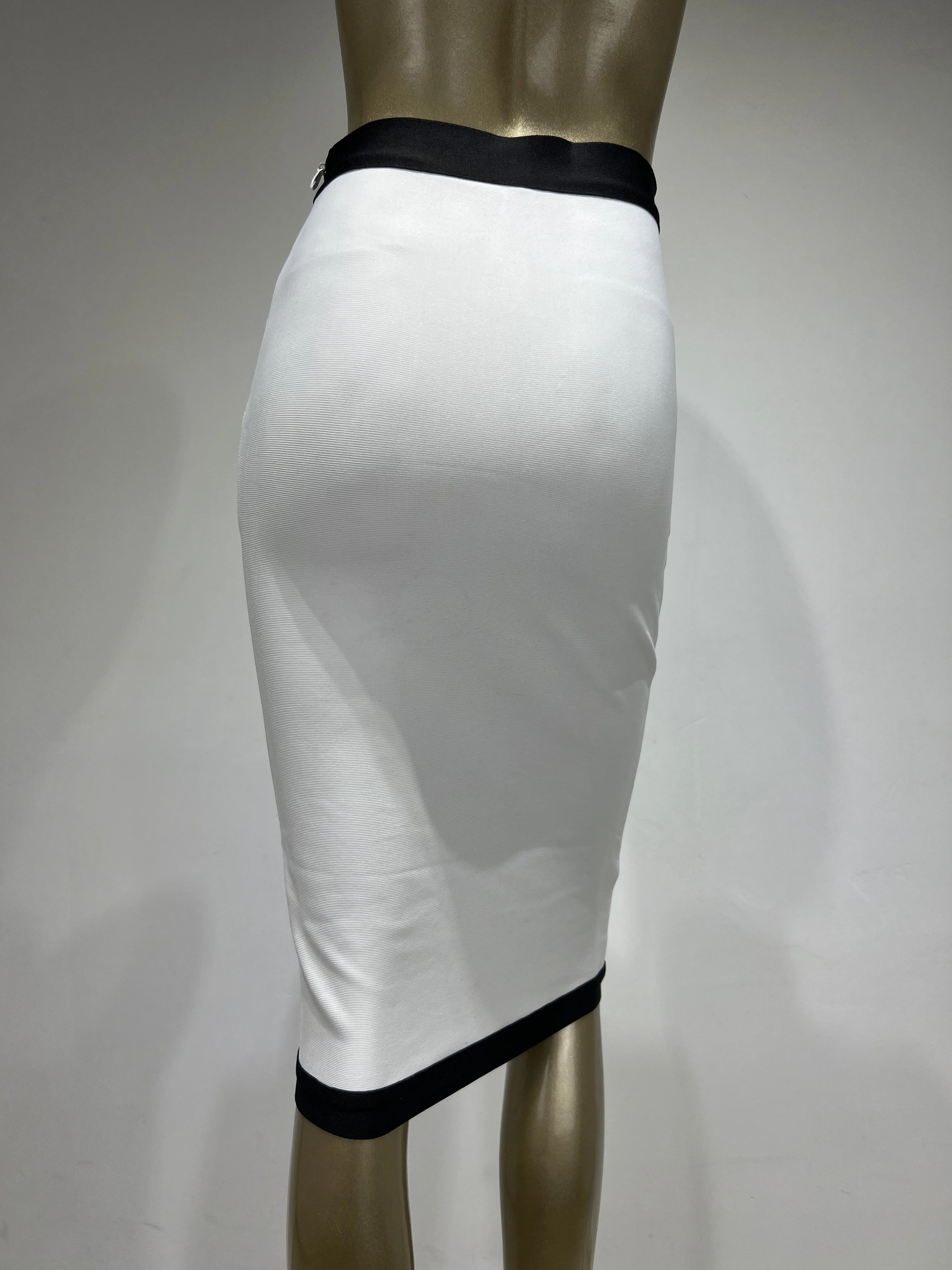 Women Elastic Bandage Skirt Black White High Waist Gold Buttons Elegant Pencil Skirts Office Lady Formal Business Wear