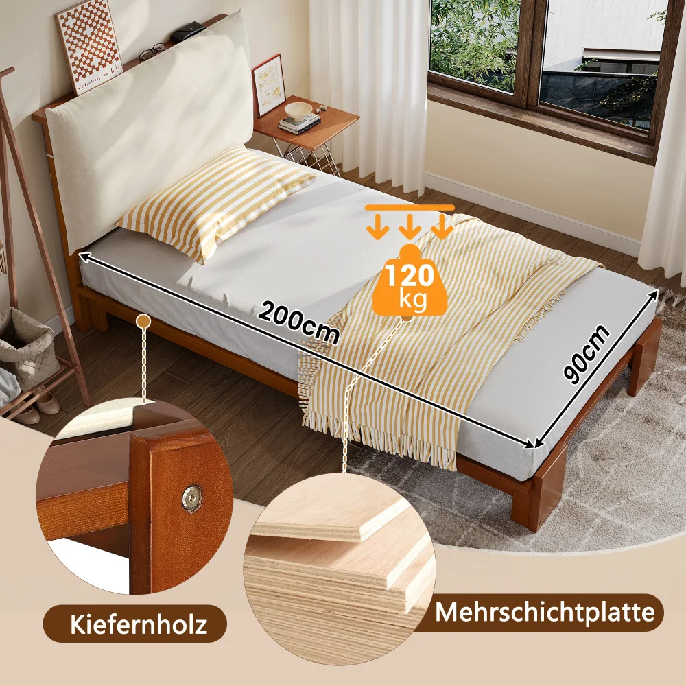 PINGGO Dunkelbraunes Polsterbett Einzelbett 90x200cm Samt-Kopfteil Stabiler Lattenrost Verbreiterte Beine Ohne Matratze – Detail 8