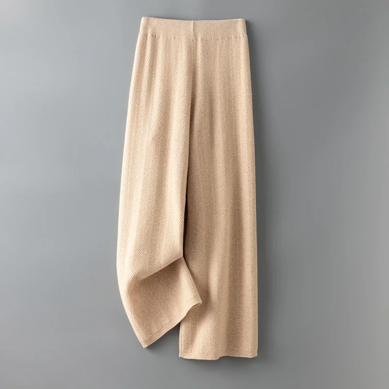 Pantalones de punto con patrón de espiga para mujer, pantalón informal de pierna ancha, holgado, de lana merina, moda coreana, otoño e invierno, 100%