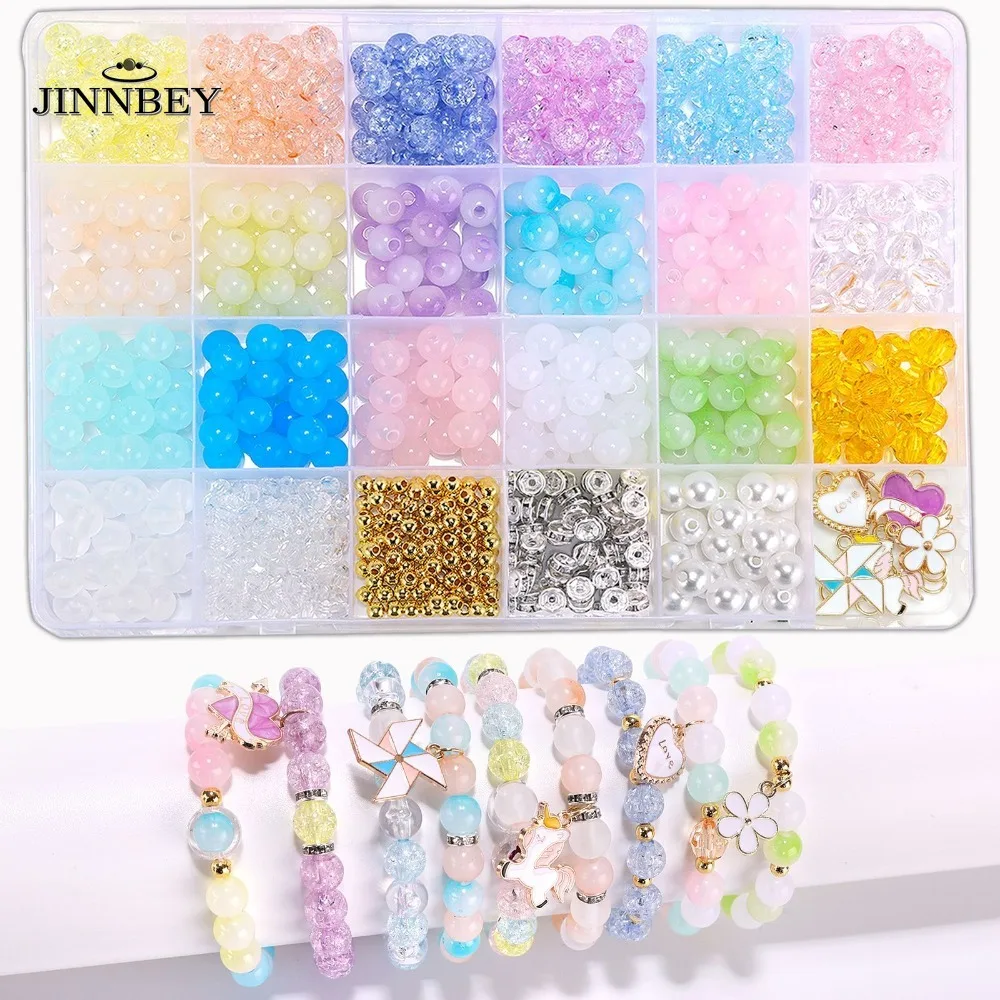 

24 grids Round Glass Beads Jewelry Making Kit, Ice Cracking Crystal Beads For Bracelets Necklace Jewelry Making And DIY Crafts
