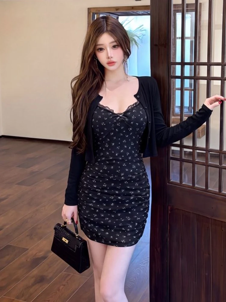 Retro Floral Print V-Neck Sexy Wrap Bodycon Strap Dress Long Sleeve Cardigan Outerwear Set Versatile for Young Women