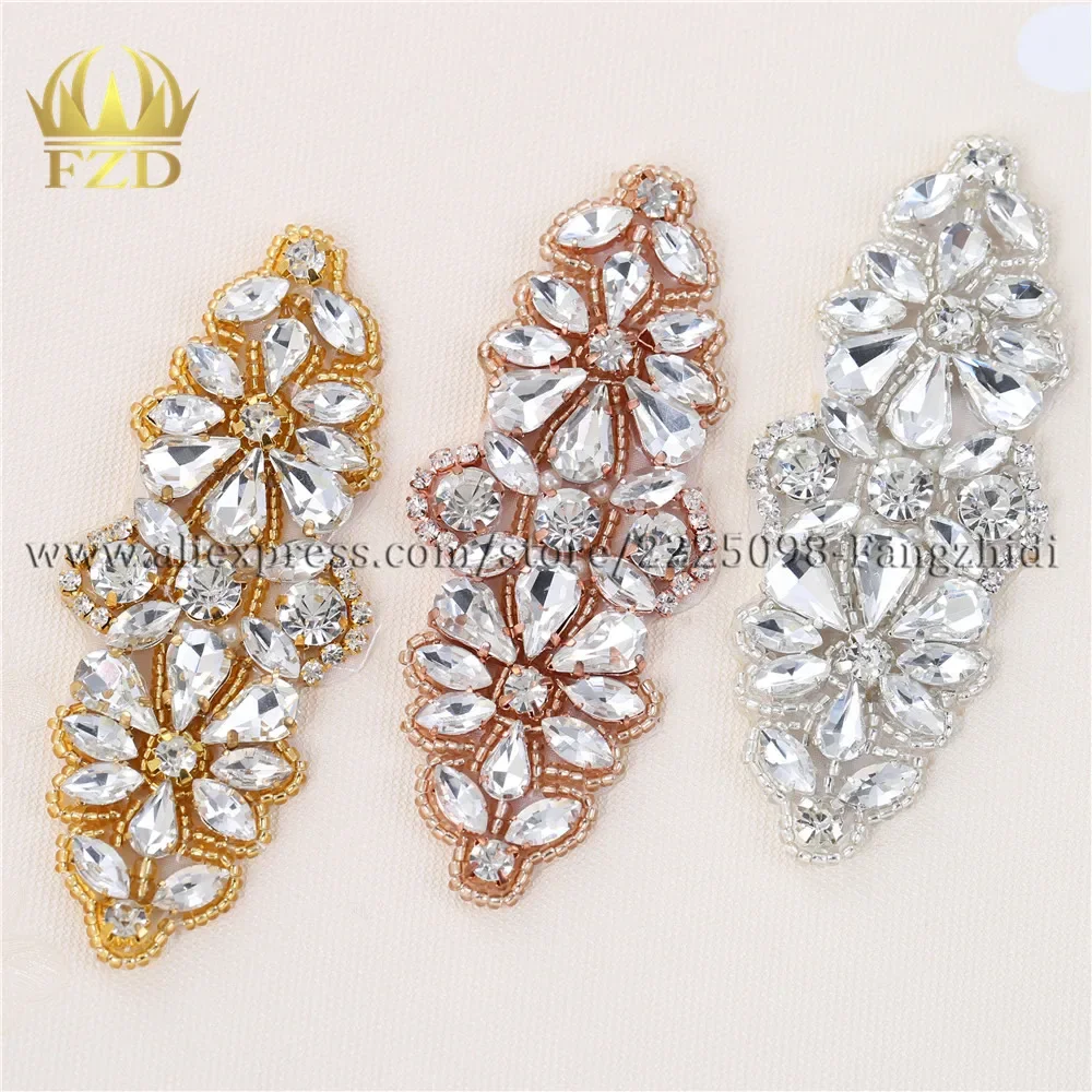 FZD 1PC Rose Gold Silver Beaded Crystal Rhinestone Applique Hotfix Iron & Sew On for Wedding Bridal Sash FA-888