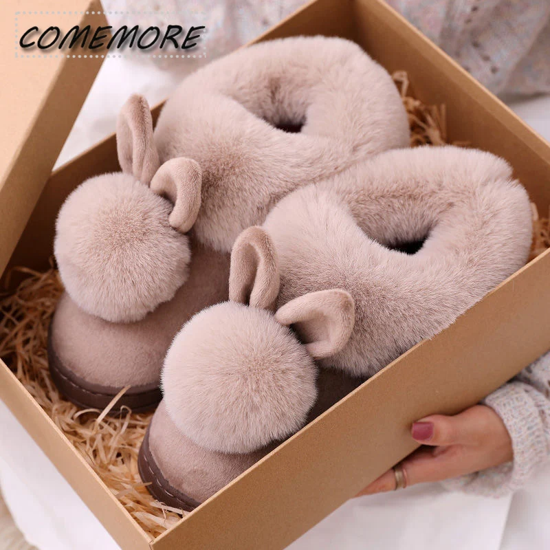 Winter Warm Home Fur Boots Women's Indoor Home Rabbit Shoe Furry Ears Footwear Indoor Bedroom Flat Heels Fluffy Ankle Boots New