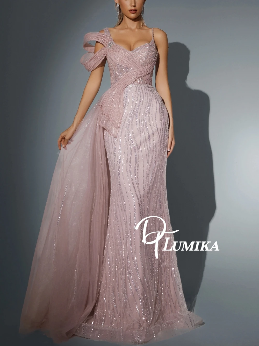 

Blush Pink Sparkling Mermaid Prom Dress Ruched Tulle Corset Customized Evening Gown Modern Thin Straps Beading Cocktail Wear