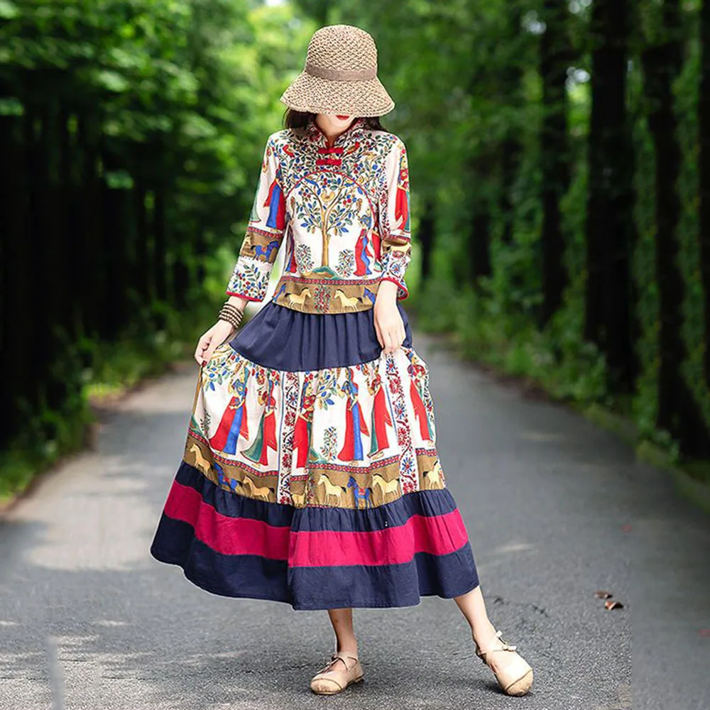 Ethnic Women's Long-sleeved Dress Spring And Autumn New Large-size Printed Cheongsam Top Skirt Two-piece Casual Summer Dress.