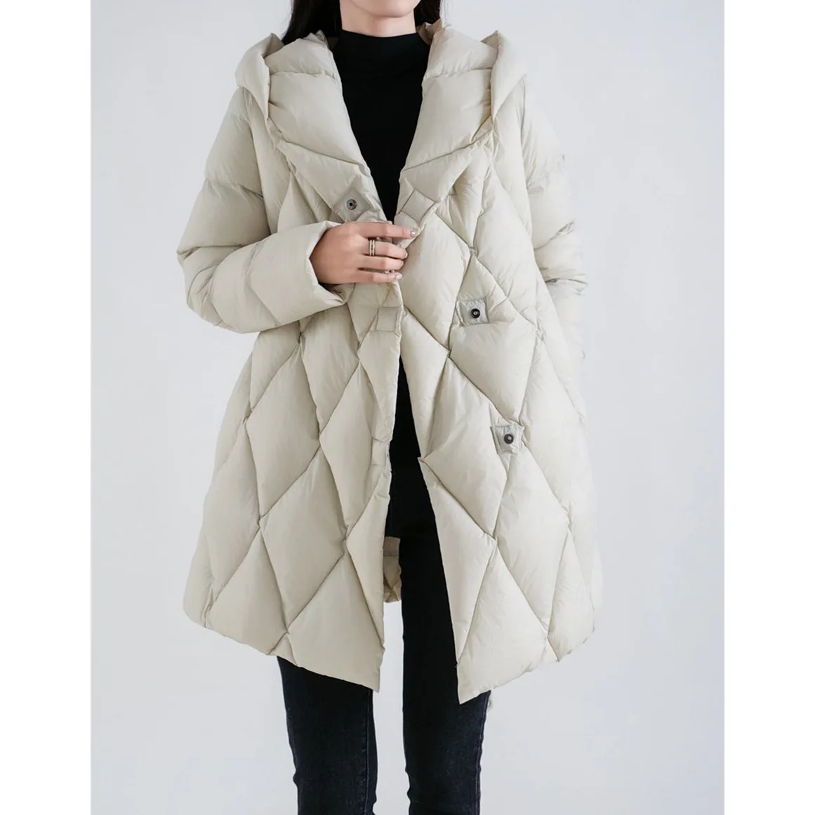 

Autumn WinterWomen Goose Down Coats New Long Thick Warm Down Jackets Overcoat White Loose Casual Diamond Grid Hooded Jacket