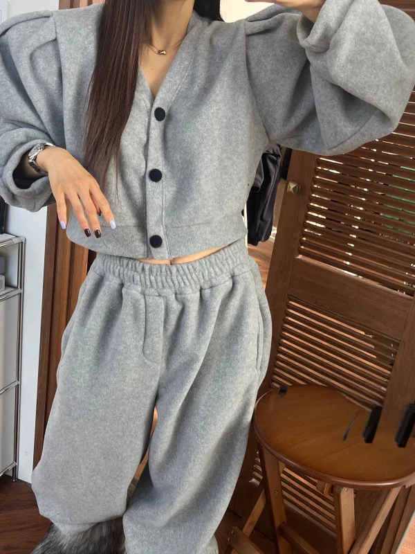 

Dongda Gate Fluffy Bubble Sve V-Ne Sweatirt ort Jaet Women High Waist Cuffed Sweatpants Casual Set Warm Cotton Thi...