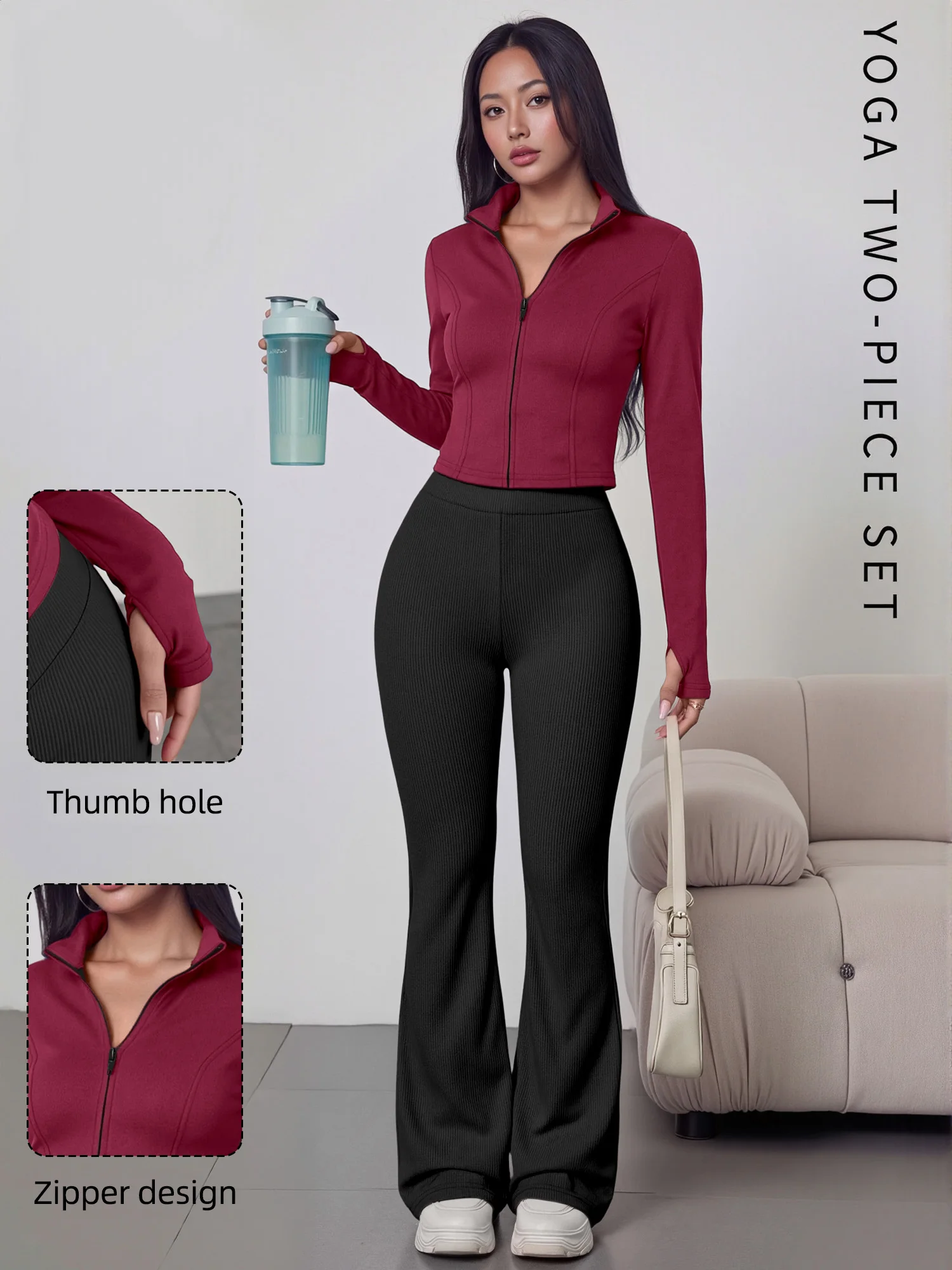 European American Women Ribbed Knit Two Piece Set, Long Sleeve Zip Top With High Waist Flare Pants, Casual Slim Daily Outfit
