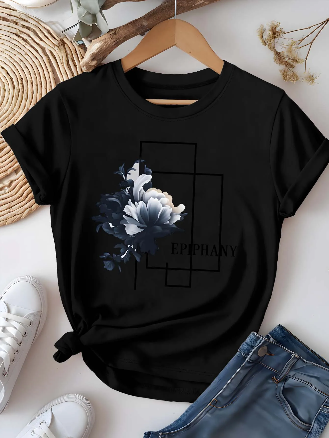 Koszulka Plus Size Artystyczna Kwiatowa Epifania Graficzna Szykowna Elegancka Literacka Letnia Krótki Rękaw
