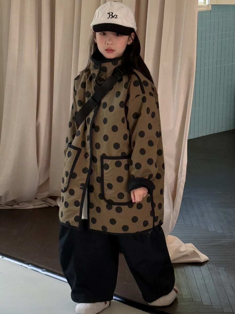 Kids Cotton Clothes 2025 Winter Korean Style Girls Japanese Retro Literary Polka Dot Padded Top Stand Collar Single Jacket 6