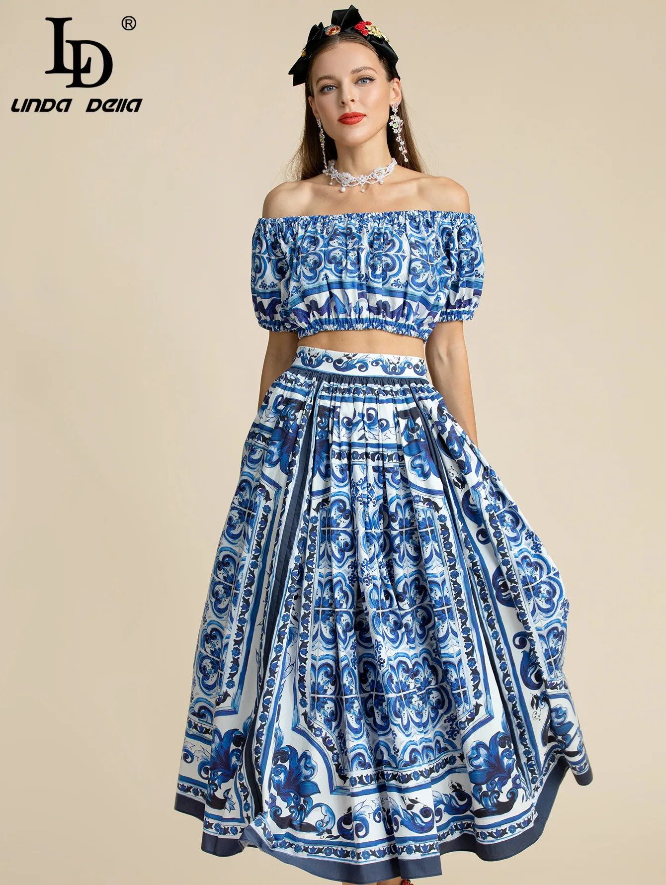 

LD LINDA DELLA 2023 Women Vacation Skirts Suit Summer Short Puff sleeve Top + Blue and White Porcelain Print Skirts 2 Pieces Set