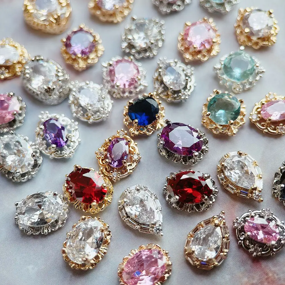 10 Uds. De gota ovalada rosa, negra y azul, circonita redonda, plata brillante, decoraciones de joyería para uñas, accesorios para decoración de uñas, suministros de piezas de dijes